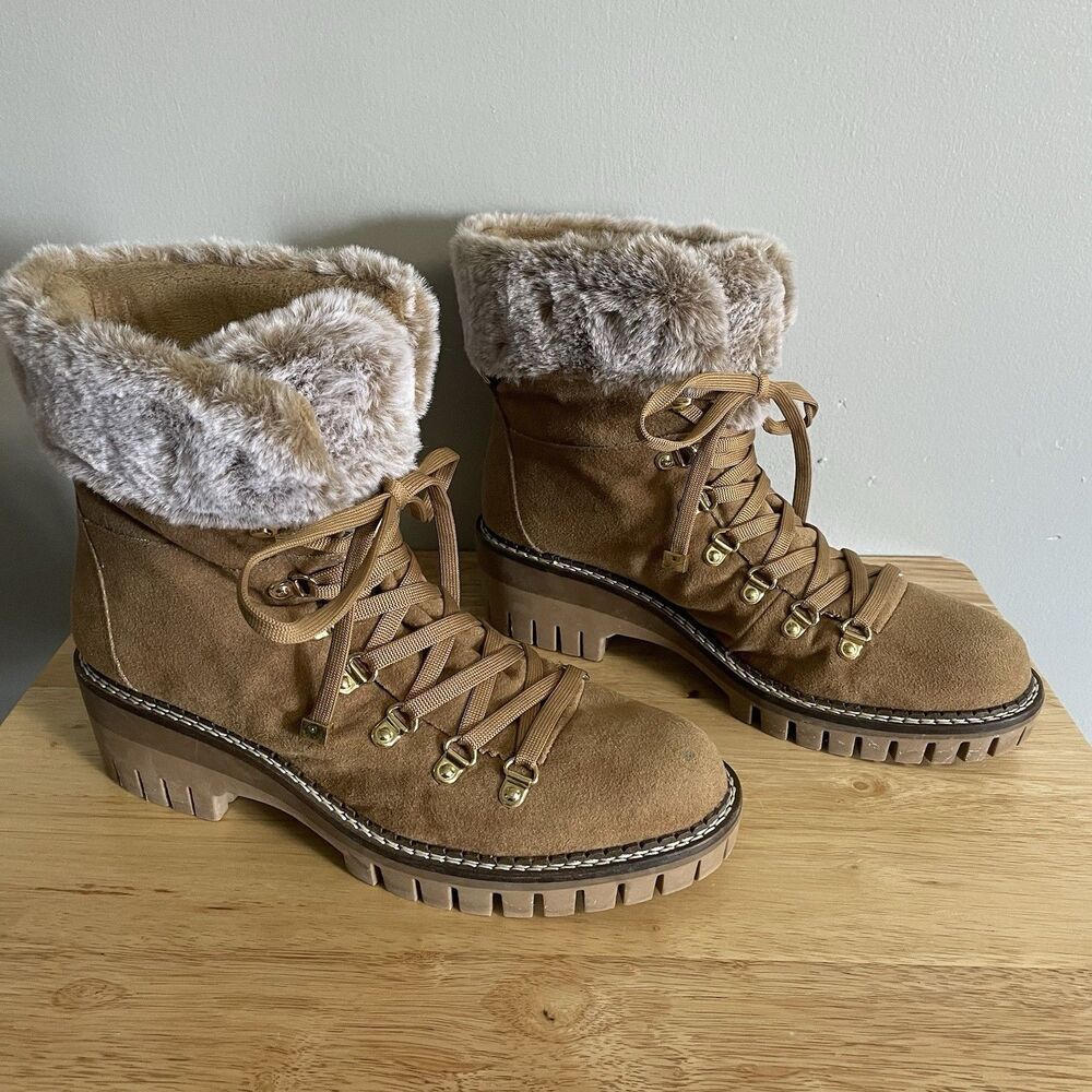 Women’s JLO Jennifer Lopez Faux Fur Boots 8.5 M Winter Lace Up Tan